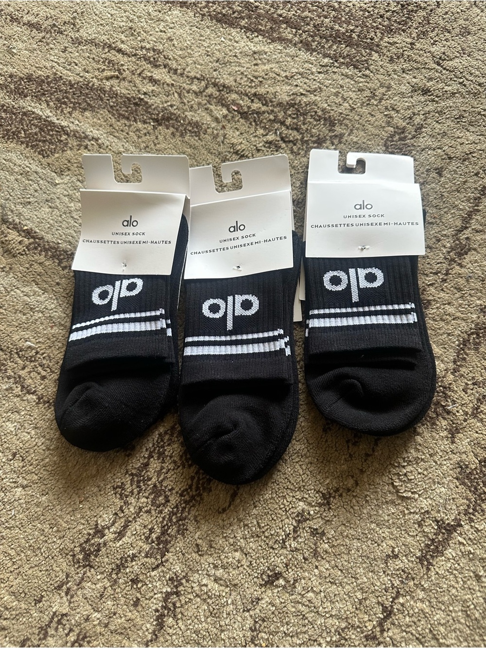 ALO Yoga Black Athletic Unisex Crew Socks with White Logo & Stripes - 3 Pack